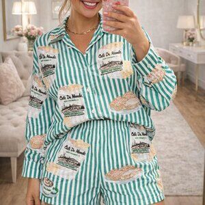 QUEEN OF SPARKLES Green & White Stripe Café Du Monde Icon Button Up Set